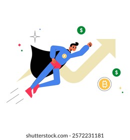 Superhero With Bitcoin Symbol Flying Upwards In Flat Vector Illustration Symbolizing Financial Success, Cryptocurrency Growth, And Economic Leadership, Isolated On White Background.