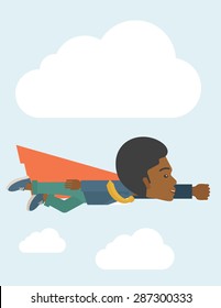 A superhero black businessman flying high to achieve his goal. Challenge concept. A Contemporary style with pastel palette, soft blue tinted background with disaturated clouds. Vector flat design