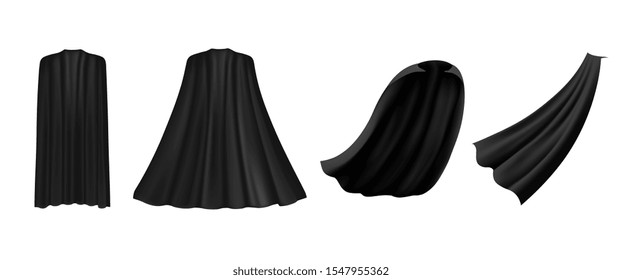 Superhero black cape in different positions, front, side and back view on white background. Costume party clothing, masquerade.