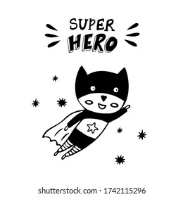 Superhero in a black costume on a white background. Cute scandinavian poster with a hero and hand-drawn lettering for wall art.