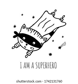 Superhero in a black suit on a white background. Cute kids poster with a superhero, stars and  lettering in Scandinavian style.