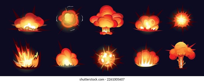 Explosión de superhéroes. Destrucción de bombas. Comics: Fuego atómico. Explosión de explosión o dinamita. Llama la animación de cohetes. Efecto de deonación. Elementos de juego definidos. Imagen reciente del vector