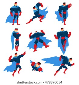 Superhero With Blue Cape In Different Comics Classic Poses Stickers