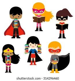 Superhero and books. Cute vector.