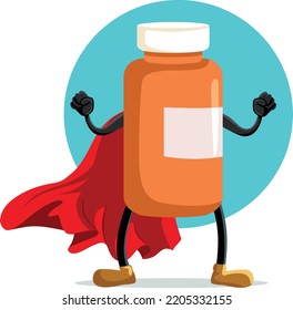 
Superhero Bottle of Pills Vector Cartoon Character Illustration. Super medication vector mascot design medical care concept design 
