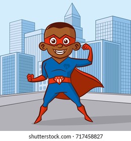 Superhero boy Cartoon character in the city Vector illustration