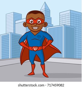 Superhero boy Cartoon character in the city Vector illustration