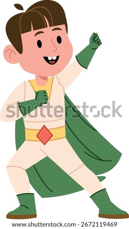 Superhero boy in dynamic action pose with a cape and gloves in cartoon style. Young hero striking a powerful stance, exuding confidence and energy. Cartoon vector illustration.