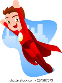 Superhero boy flying ready to work with a light blue city background vector illustration. With red costume and red cape, smiling hero.