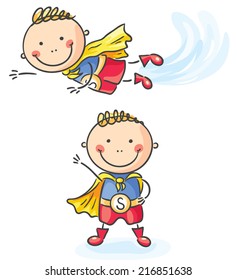 Superhero boy flying and standing