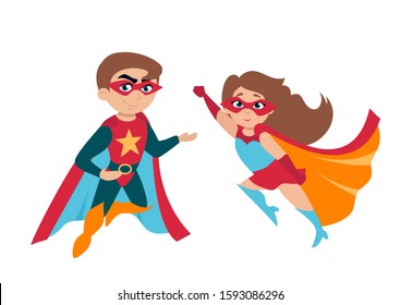 Superhero boy and girl in cute costumes and masks vector illustration. Template with funny children characters isolated on white background. Childhood concept