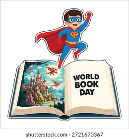 Superhero Boy Saltando Fuera Del Día Mundial Del Libro Libro Palabras claves: superhero, boy, reading, book, world