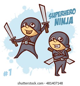 Superhero Boy Ninja Kid Vector Illustration Set