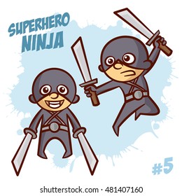 Superhero Boy Ninja Kid Vector Illustration Set