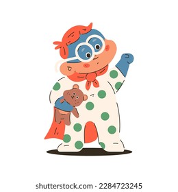 Superhero boy in pajamas with bear toy vector cartoon kid character isolated on a white background.