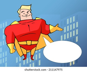 superhero in bright costume on the background of the city