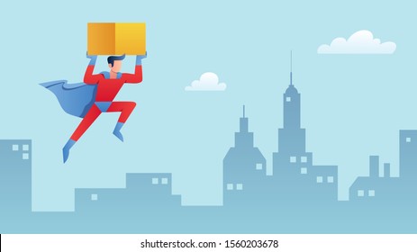 Superhero bringing box. Man in costume carrying parcel cartoon character. Fast delivery, courier services and express shipment concept. Guy in cloak delivering order flat vector illustration.