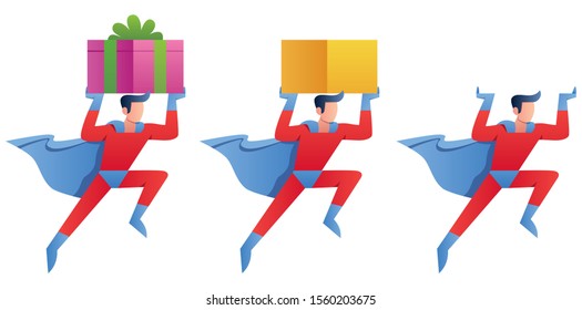 Superhero bringing something. Man in costume carrying parcel isolated cartoon characters set. Guy in cloak holding gift box flat vector illustrations pack. Fast delivery, courier services.