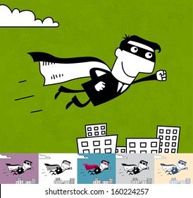 Superhero. Business cartoon illustration (EPS 10). Animation friendly: the elements (arms, heads etc) are in the separate layers. Seamless pattern on the background (its color can be changed)