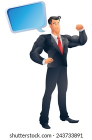 Superhero business man posing with speech bubble