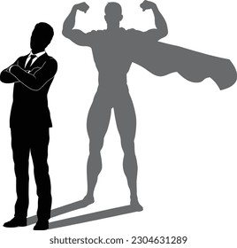 A superhero business man revealed by his shadow silhouette as a super hero in a cape