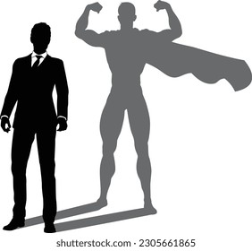 A superhero business man revealed by his shadow silhouette as a super hero in a cape