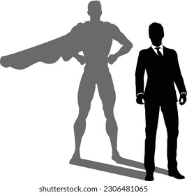 A superhero business man revealed by his shadow silhouette as a super hero in a cape