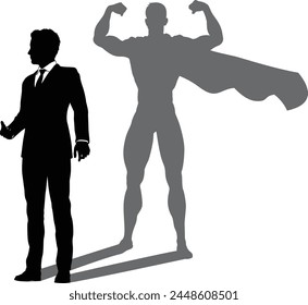 A superhero business man revealed by his shadow silhouette as a super hero in a cape