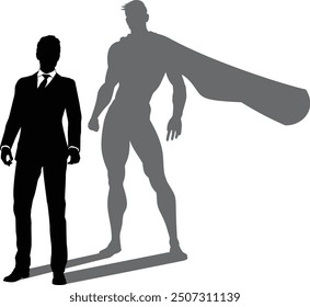 A superhero business man revealed by his shadow silhouette as a super hero in a cape