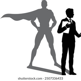 A superhero business man revealed by his shadow silhouette as a super hero in a cape