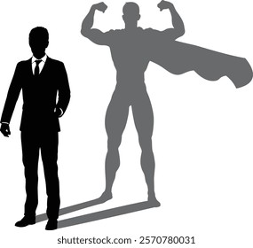 A superhero business man revealed by his shadow silhouette as a super hero in a cape