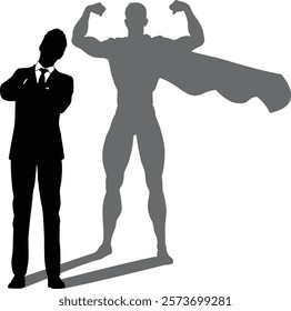 A superhero business man revealed by his shadow silhouette as a super hero in a cape