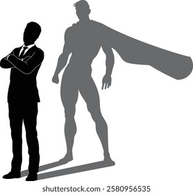 A superhero business man revealed by his shadow silhouette as a super hero in a cape