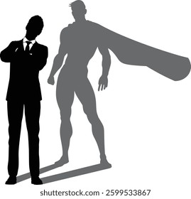 A superhero business man revealed by his shadow silhouette as a super hero in a cape