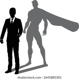 A superhero business man revealed by his shadow silhouette as a super hero in a cape