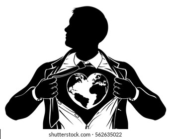A superhero business man tearing his shirt showing the chest of his costume underneath with a heart shaped world earth globe