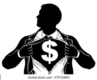 A superhero business man tearing his shirt showing the chest of his costume underneath with a dollar sign
