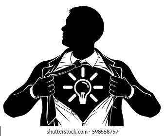 A superhero business man tearing his shirt showing the chest of his costume underneath with a light bulb representing an idea or thinking outside the box
