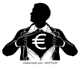 A superhero business man tearing his shirt showing the chest of his costume underneath with a euro sign