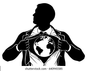 A superhero business man tearing his shirt showing the chest of his costume underneath with a world earth globe. 