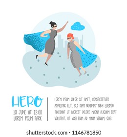 Superhero Business People Character Poster, Banner. Business Leadership, Success, Motivation Concept. Woman Wearing a Red Cloak. Vector illustration