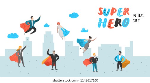 Cartel de personajes de negocios de superhéroes. Liderazgo empresarial, Éxito, Concepto de motivación. Hombre y mujer vistiendo un traje rojo. Ilustración del vector