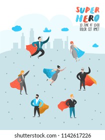 Superhero Business People Characters Poster, Banner. Business Leadership, Success, Motivation Concept. Man and Woman Wearing a Red Cloak. Vector illustration