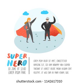 Superhero Business People Characters Poster, Banner. Business Leadership, Success, Motivation Concept. Man and Woman Wearing a Red Cloak. Vector illustration