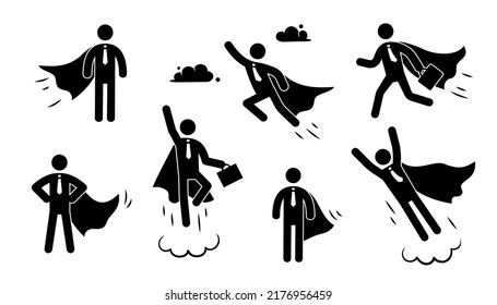 Juego de íconos del icono del hombre del pictograma de negocios de superhéroes. Superhéroe empresario figura de palo volador. Trabajador victorioso, persona del pictograma del empleador. Ilustración vectorial.