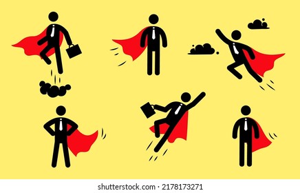 Superhero business pictogram man icon set. Superhero businessman flying stick figure. Victory worker, employer pictogram person. Vector illustration.