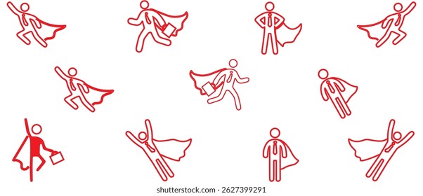 Superhero business pictogram man icon set. Superhero businessman flying stick figure. employer pictogram person. Vector illustration