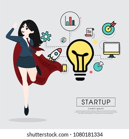Superhero business woman cartoon for start up concept.