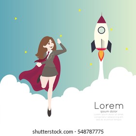 Superhero business woman cartoon for start up concept.