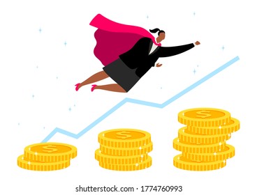 Superhero business woman. Female character in hero cloak, afroamerican girl flying above money. Motivation concept, career growth vector illustration